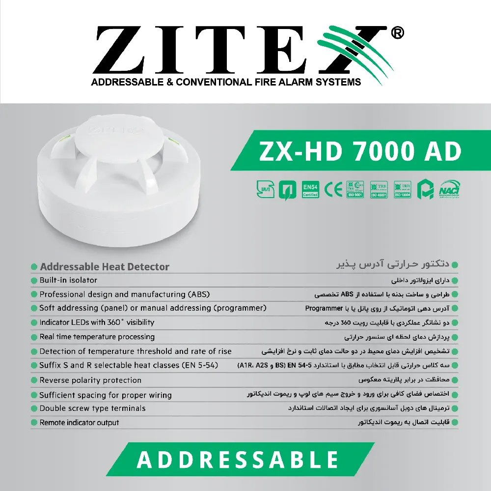 دتکتور حرارتی اعلام حریق آدرس پذیر زیتکس مدل ZX-HD 7000 AD